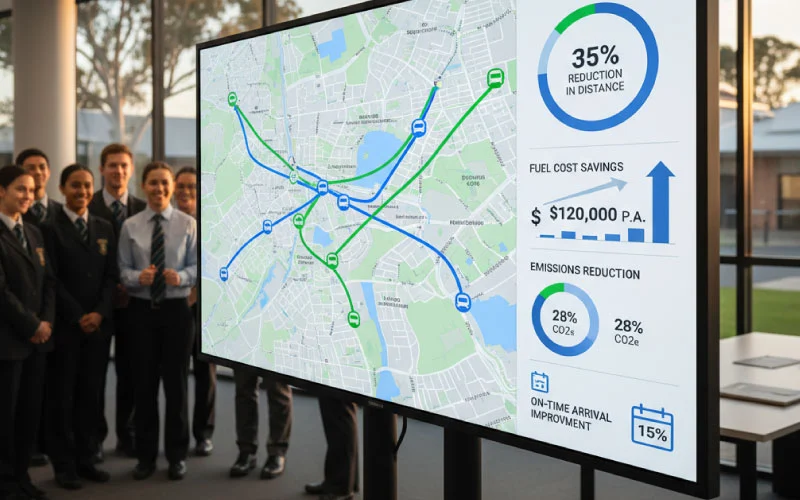 School transport dashboard visualising optimised bus routes and cost savings for schools