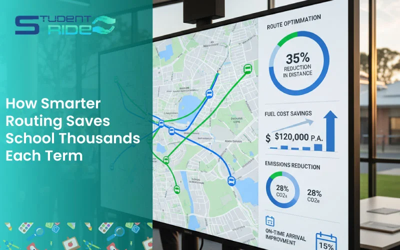 School transport dashboard visualising optimised bus routes and cost savings for schools, smarter routing saves schools
