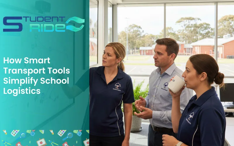 School staff using a transport dashboard to simplify student bus logistics., smart transport tools simplify