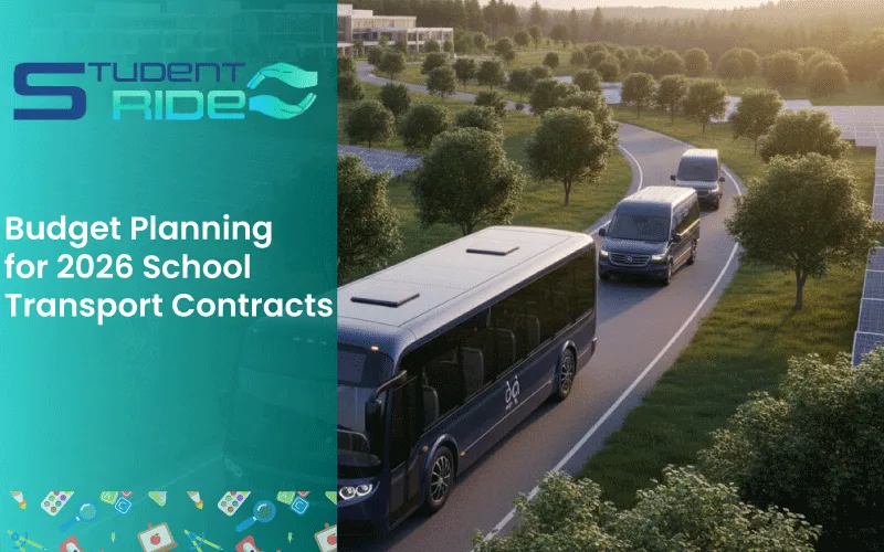 Modern school bus safely transporting students under StudentRide’s contract service.