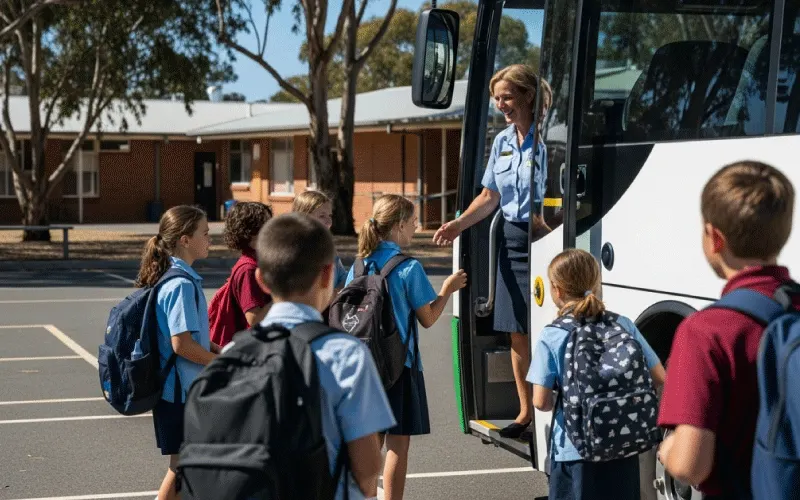 School-approved driver greeting students boarding a StudentRide bus in Australia