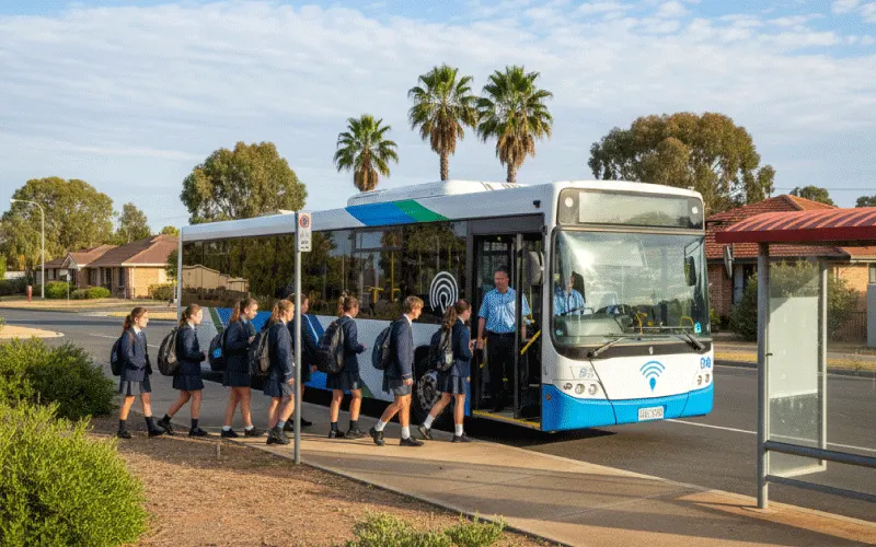 Student boarding a GPS-enabled StudentRide bus in Australia