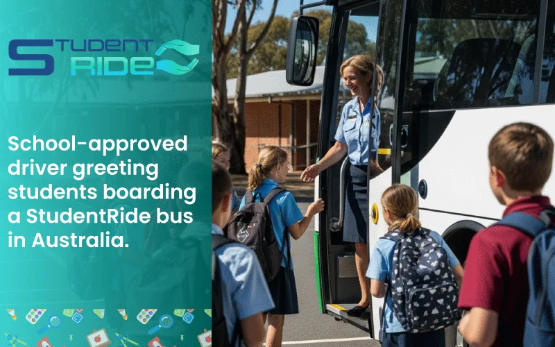 School-approved driver greeting students boarding a StudentRide bus in Australia