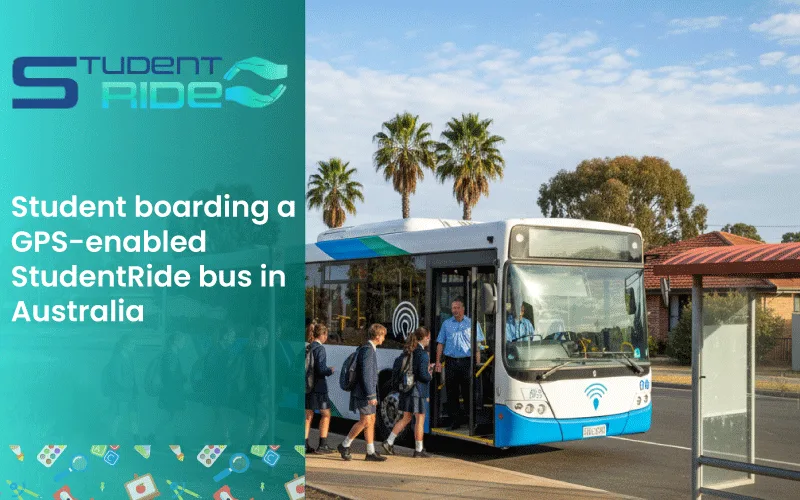 Student boarding a GPS-enabled StudentRide bus in Australia