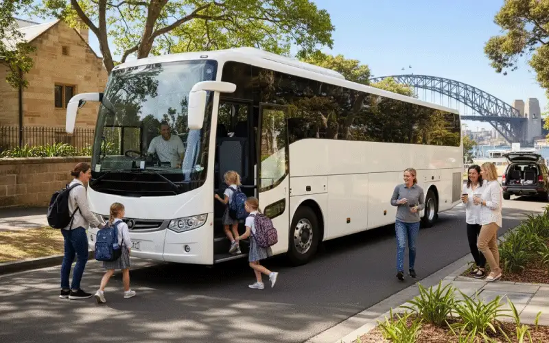 Students boarding a supervised school bus in Australia