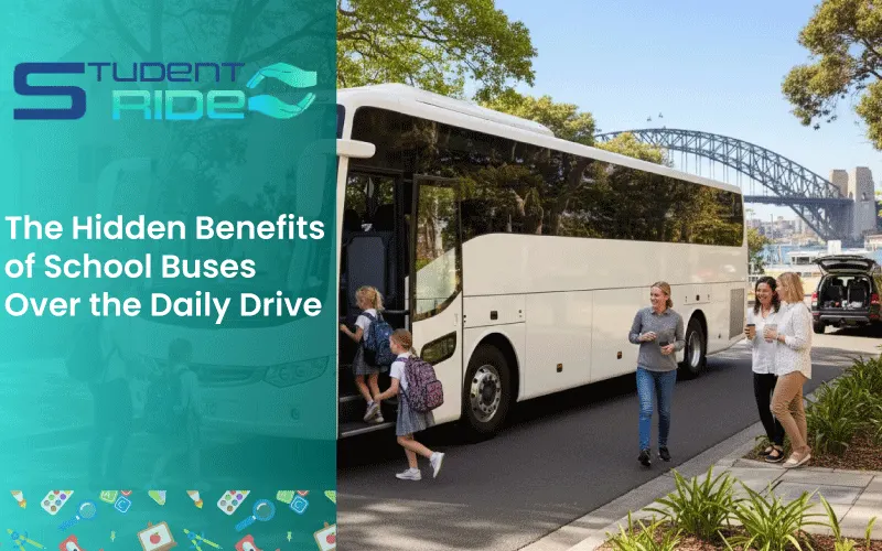 Students boarding a supervised school bus in Australia